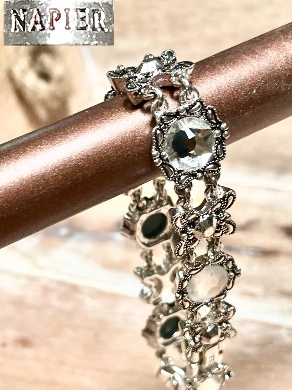 Vintage Napier Silver Clear Crystal Floral Link Bracelet